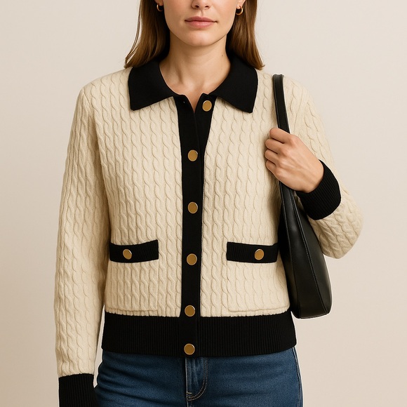 Marled Sweaters - Marled Cozy Cable-Knit Sweater Cream/Tan & Black Collared Contrast Size M Preppy